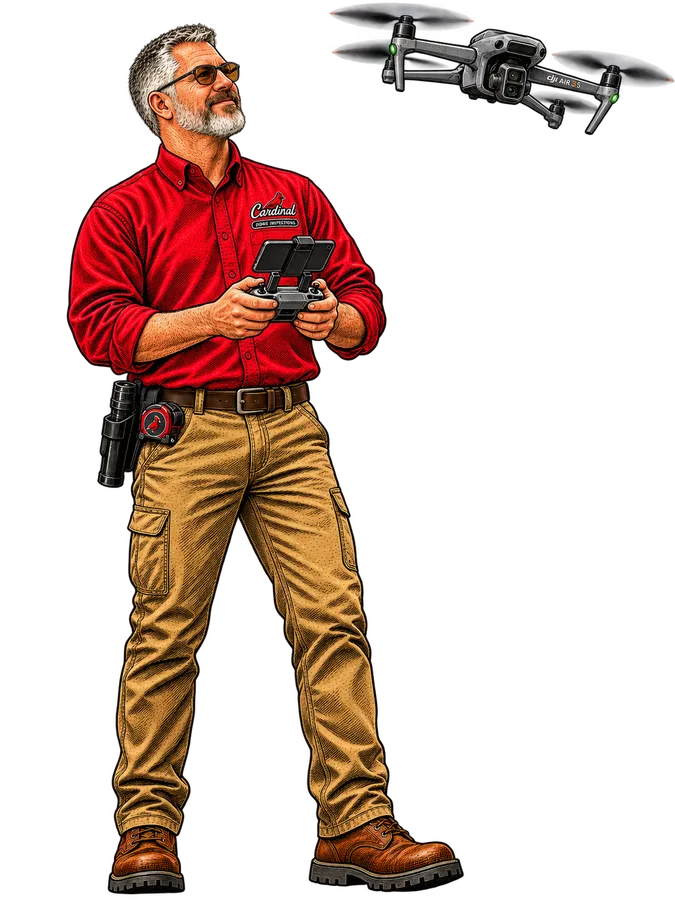 Illustration of Jeff Stalnaker flying a DJI Air 3S drone with the controller in hand