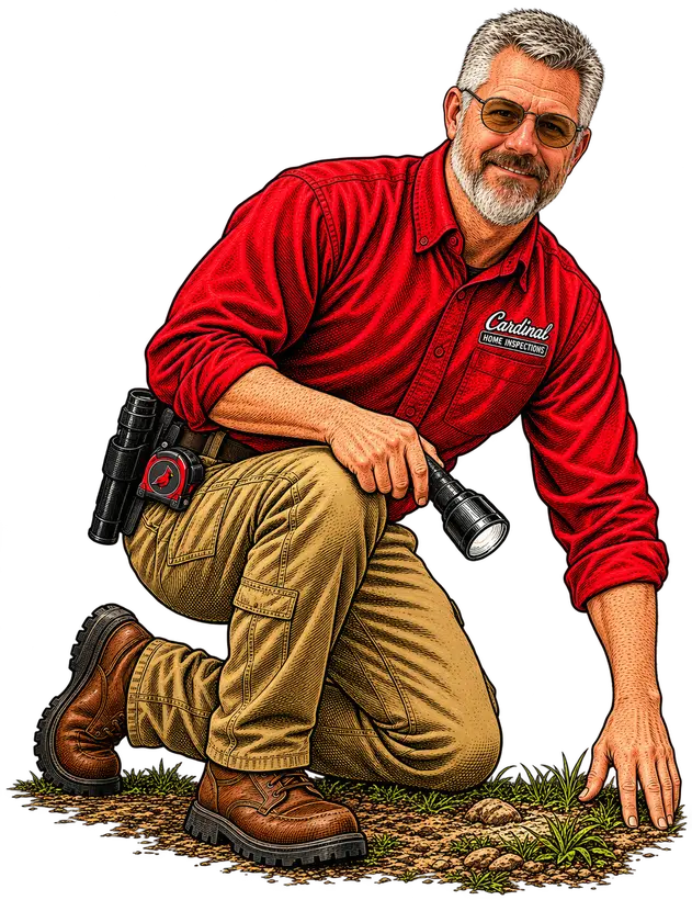 Illustration of Jeff Stalnaker kneeling at ground level with a flashlight, checking grade along a foundation