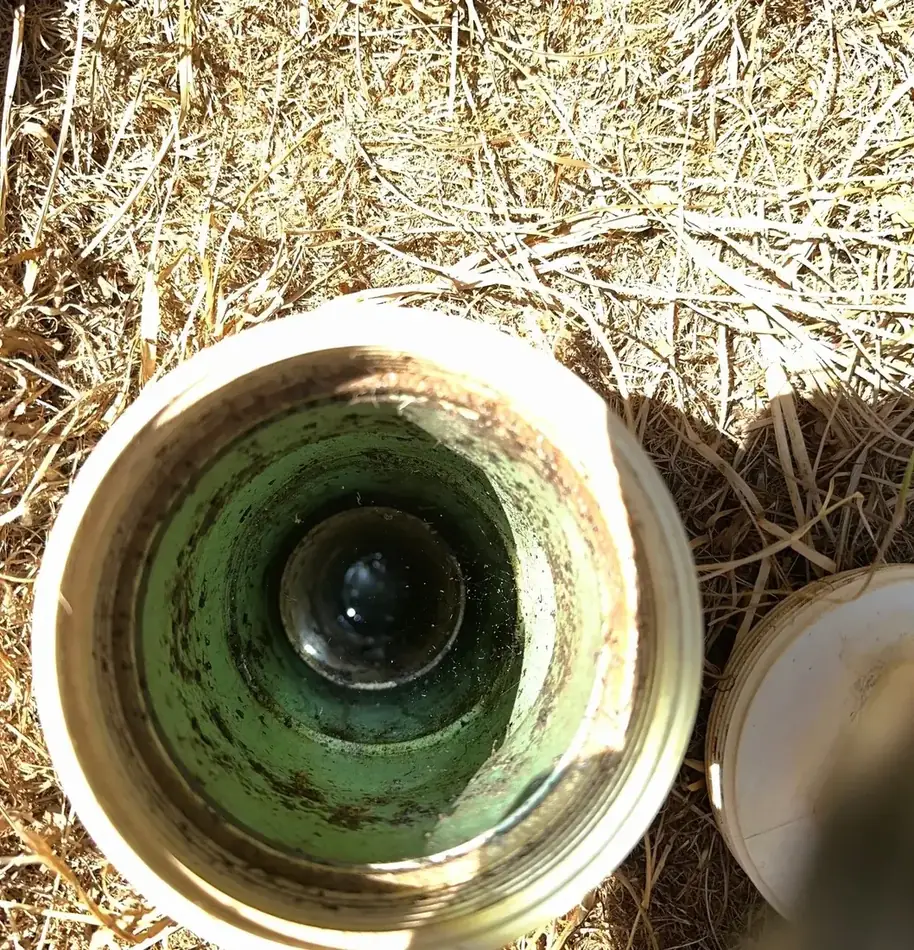Looking down into an open septic inspection riser showing the interior of the pipe and standing water below